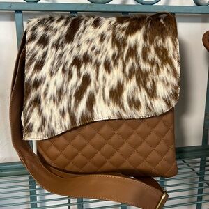 New Unique Genuine Cowhide & Quilted Leather Crossbody Flap Bag Western boho